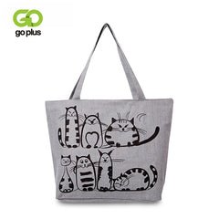 Women's Cat Print Large Tote Shoulder Bag Purse Canvas Bolsa Feminina