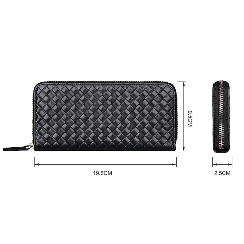 Cowhide Leather Long Men Wallet Business Woven Pattern High Leather Wallet