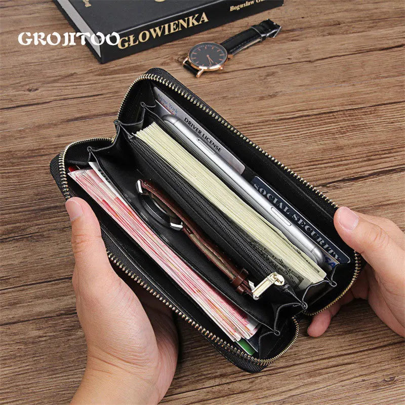 Cowhide Leather Long Men Wallet Business Woven Pattern High Leather Wallet
