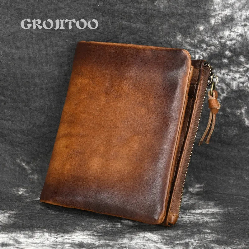Cowhide Double Zipper Men's Purse Leather Wallet for Men