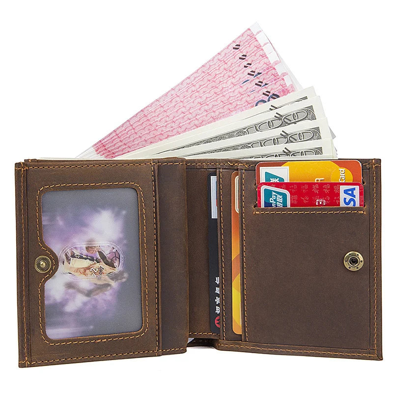 Crazy Horse Leather Men's Button Wallet RFID Shielded