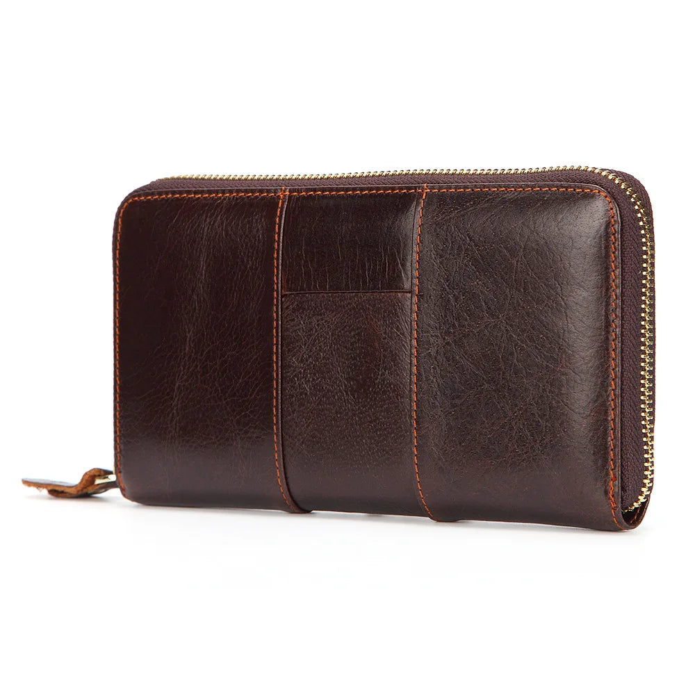Men's Oil Wax Leather Long Wallet Clutch Bag Zipper Top Layer