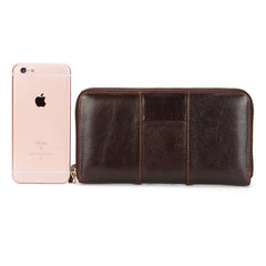 Men's Oil Wax Leather Long Wallet Clutch Bag Zipper Top Layer