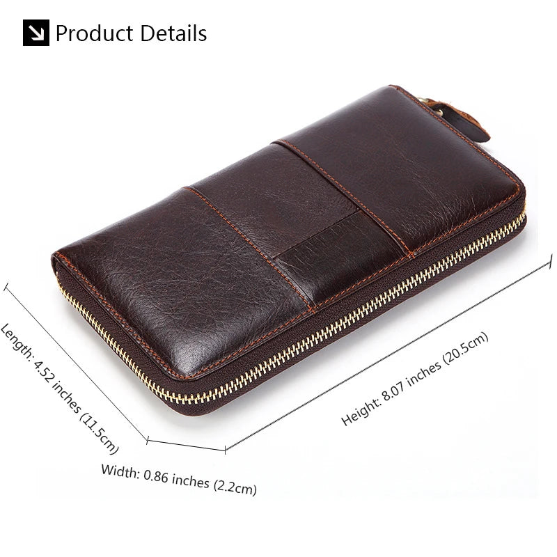 Men's Oil Wax Leather Long Wallet Clutch Bag Zipper Top Layer