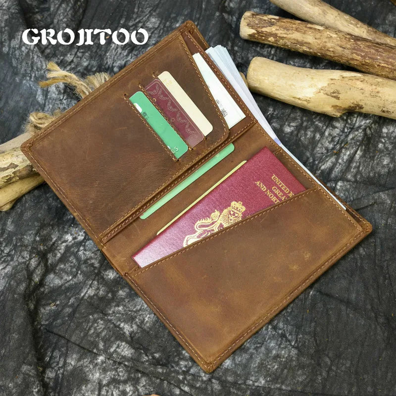 Men Passport Bag Crazy Horse Leather Wallet Large Capacity Purse