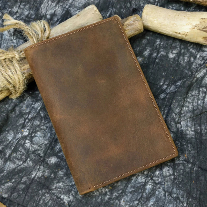 Men Passport Bag Crazy Horse Leather Wallet Large Capacity Purse