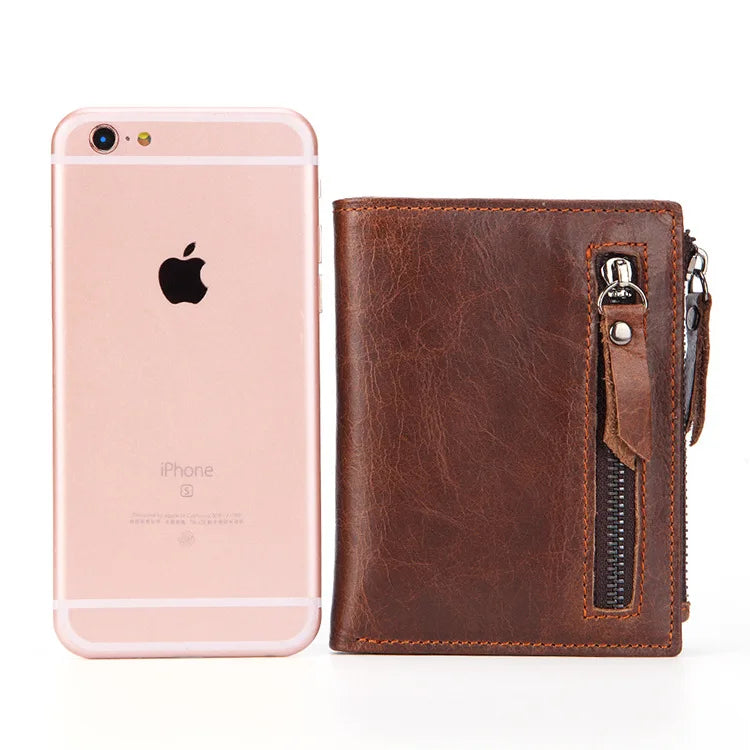 Men's Short Wallet Multi-Functional Zipper Bag Oil Wax Cowhide Wallet