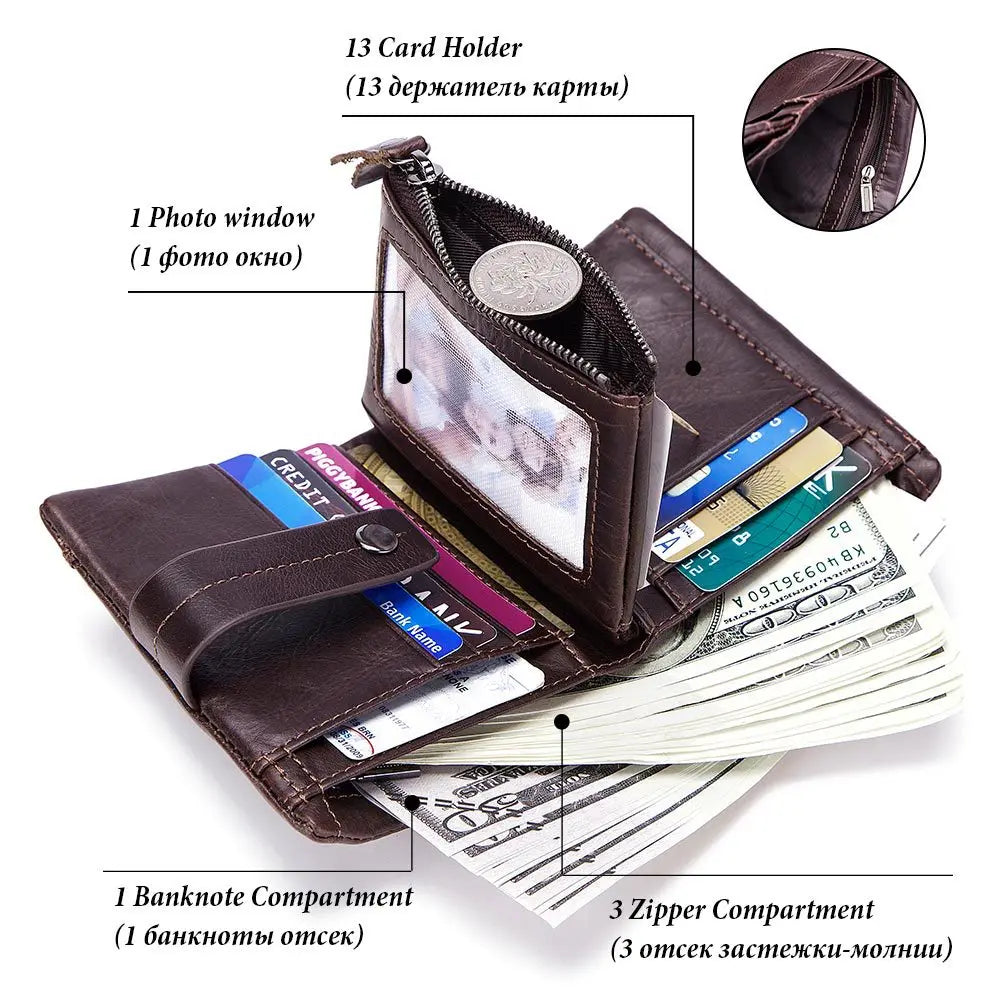 Cowhide Leather Zipper Buckle Short Wallet For Men
