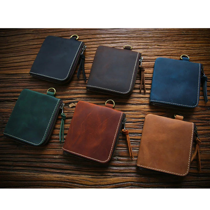 Men's Cowhide Leather Wallet Short Zipper Money Clip