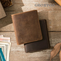 Men's Crazy Horse Leather Short Wallet, Thin Small Purse