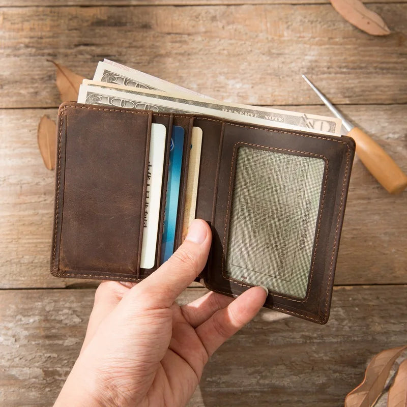 Men's Crazy Horse Leather Short Wallet, Thin Small Purse