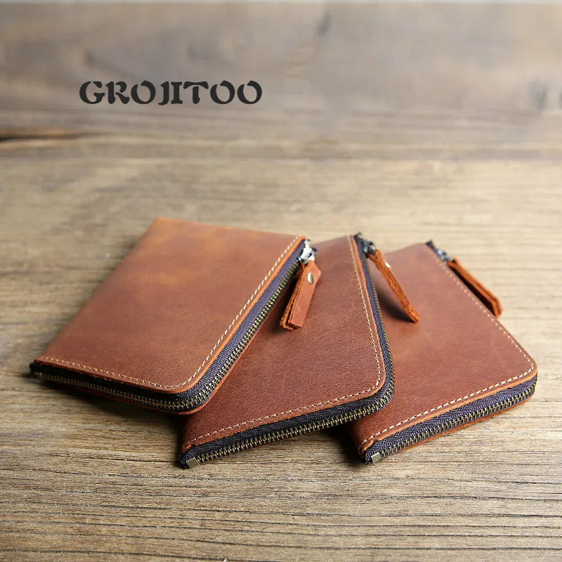 Leather Short Wallet Crazy Horse Zipper Money Clip