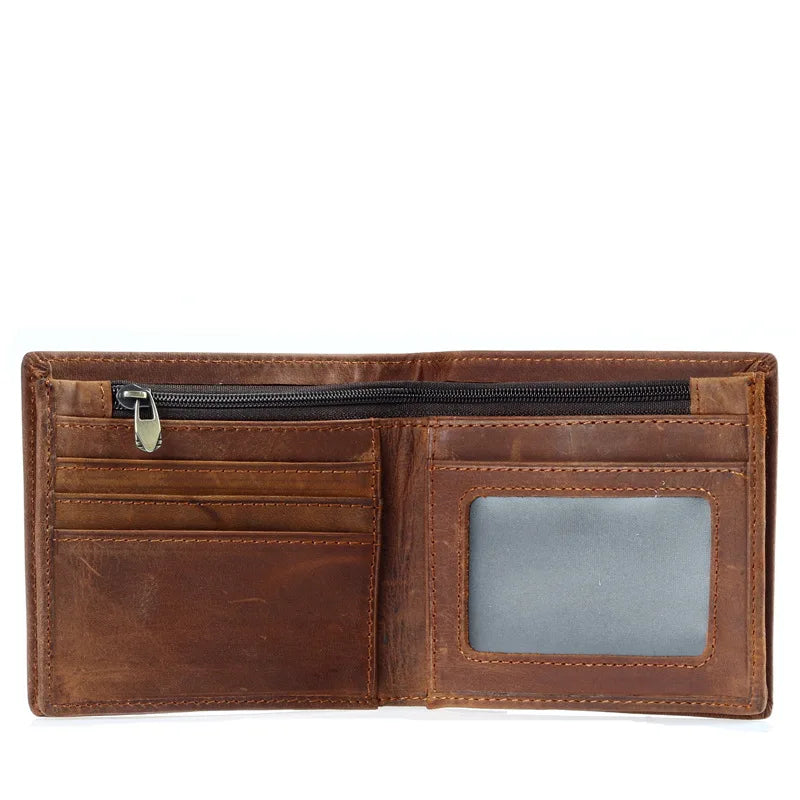 Crazy Horse Leather Zip Men's Wallet Short Bifold