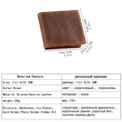 Crazy Horse Leather Zip Men's Wallet Short Bifold