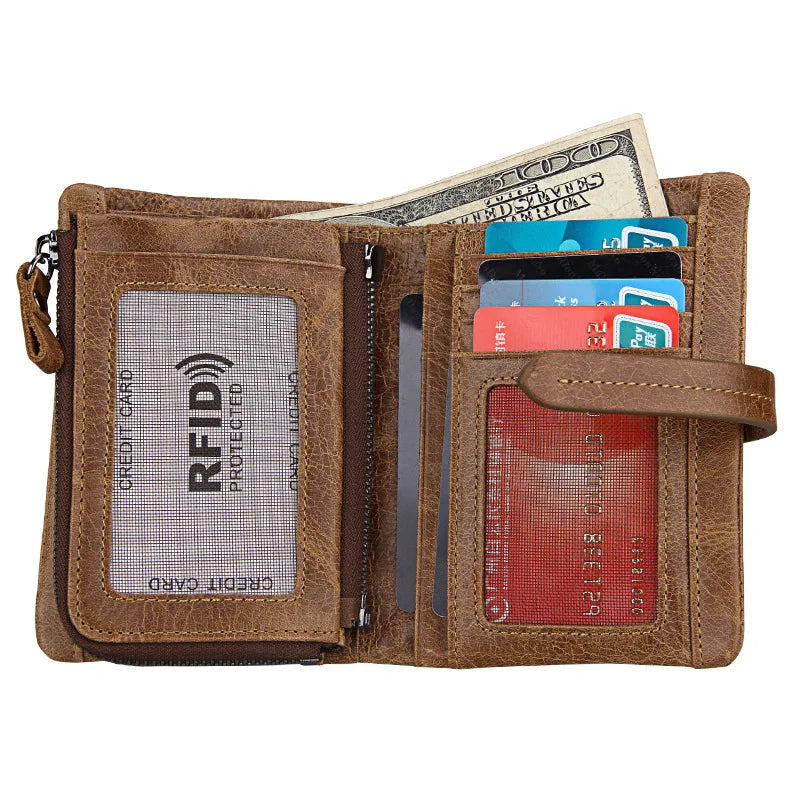 Men's Crazy Horse Long Wallet Anti-RFID Retro Purse