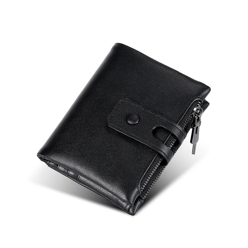 RFID Men's Wallet Double Zipper Buckle Short Purse Leather Wallet