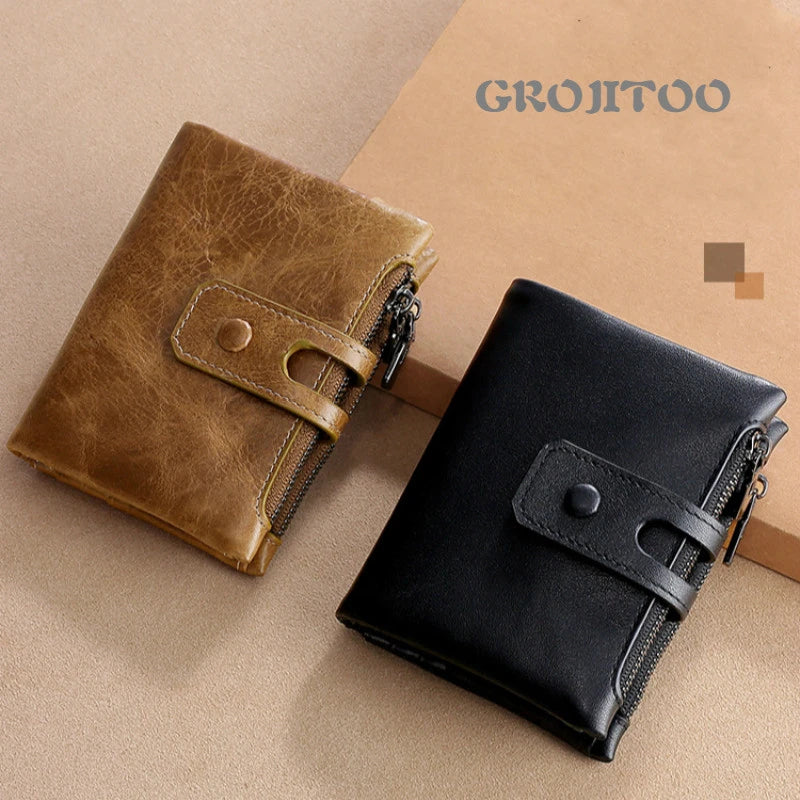 RFID Men's Wallet Double Zipper Buckle Short Purse Leather Wallet