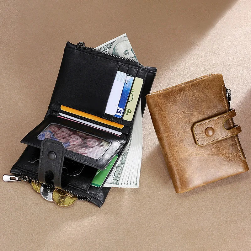 RFID Men's Wallet Double Zipper Buckle Short Purse Leather Wallet