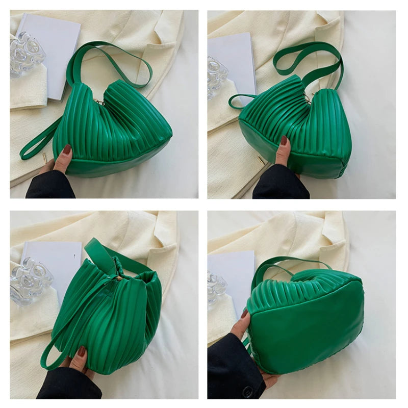 PU Leather Pleated Shoulder Bag Women Large Capacity Handbags