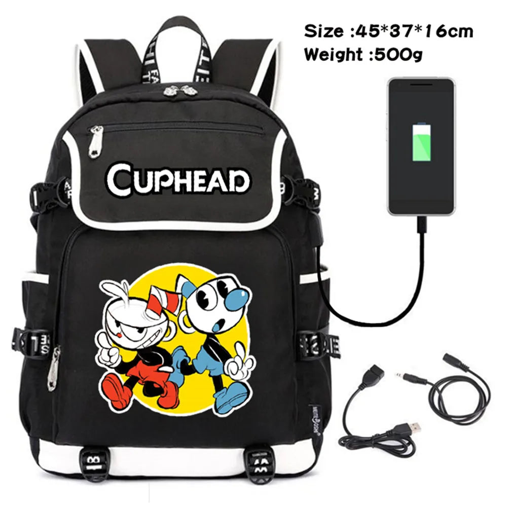 Cuphead Mugman Canvas USB Charging Teenagers Schoolbag Backpack