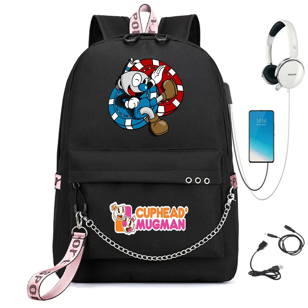 Cuphead Nylon Print Backpack Schoolbag with USB Charge