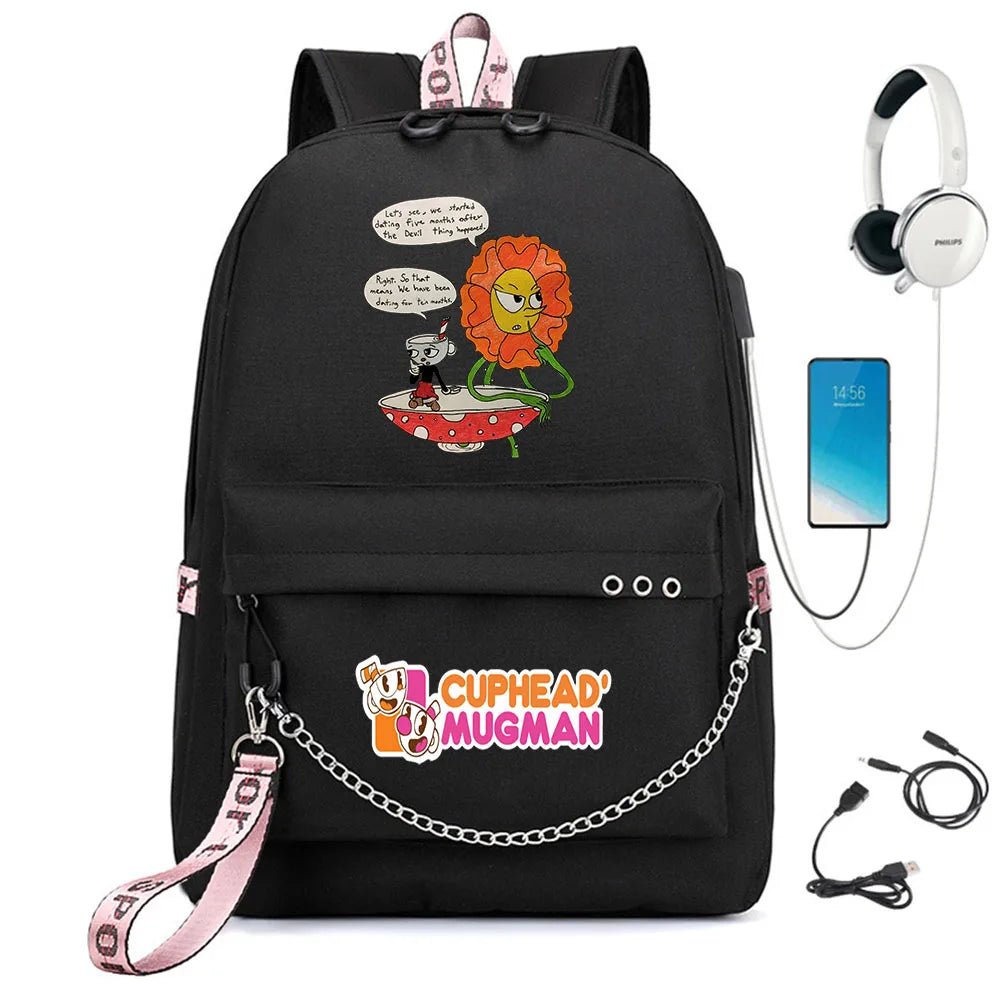 Cuphead Nylon Print Backpack Schoolbag with USB Charge