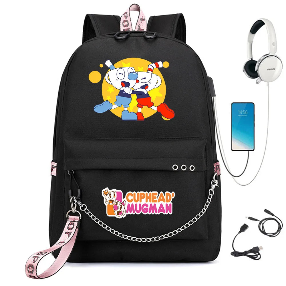 Cuphead Print Backpack USB Charging Headphone Teenagers Student Schoolbag