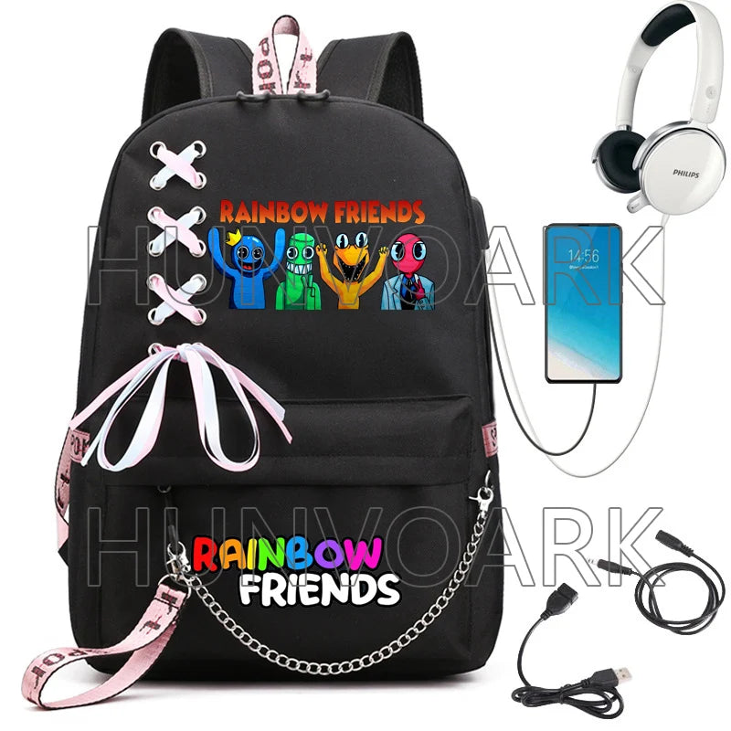 Rainbow Backpack USB Charge Canvas School Bag Teens Mochilas
