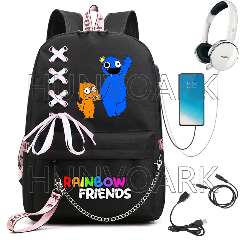 Rainbow Backpack USB Charge Canvas School Bag Teens Mochilas
