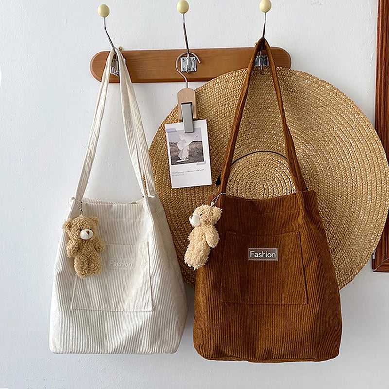 Geestock Corduroy Shoulder Bag for Women Reusable Shopping Tote Handbag