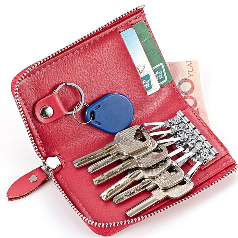 Cow Leather Car Key Bag Wallet 6 Key Rings