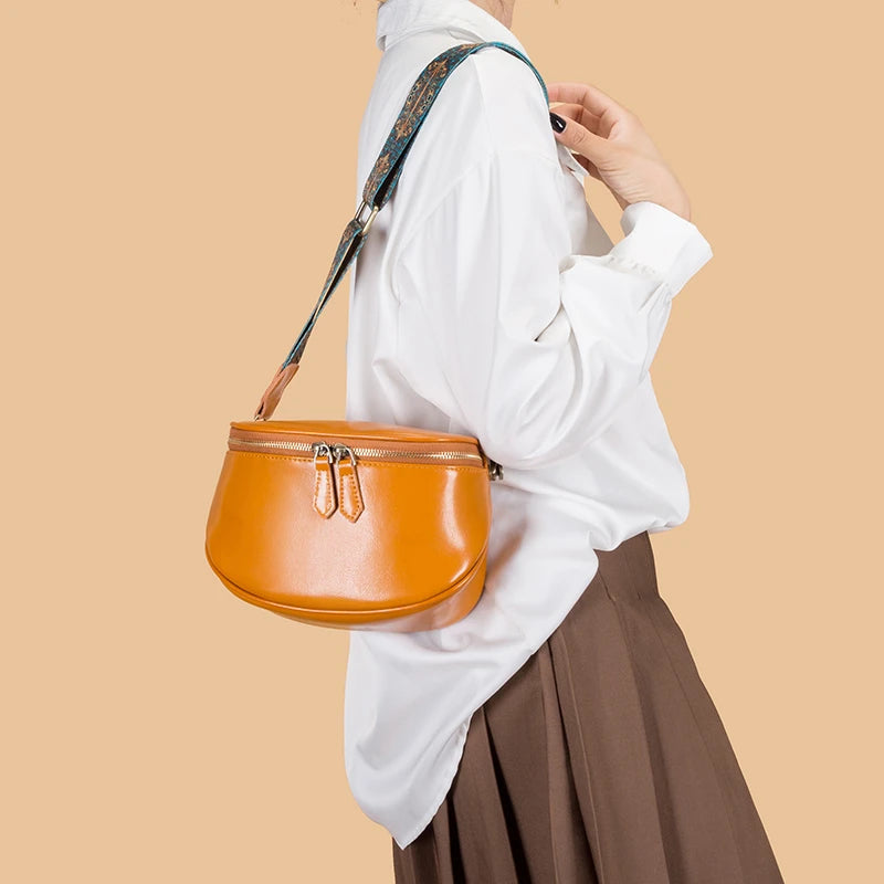 Vintage Leather Shoulder Bag Double Zipper Saddlebag