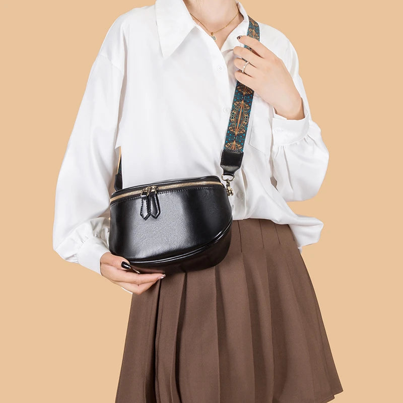 Vintage Leather Shoulder Bag Double Zipper Saddlebag
