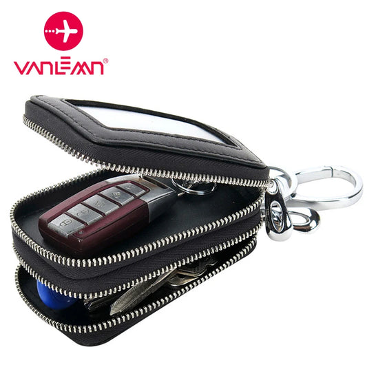 Double Zipper Leather Car Key Holder for Men Women