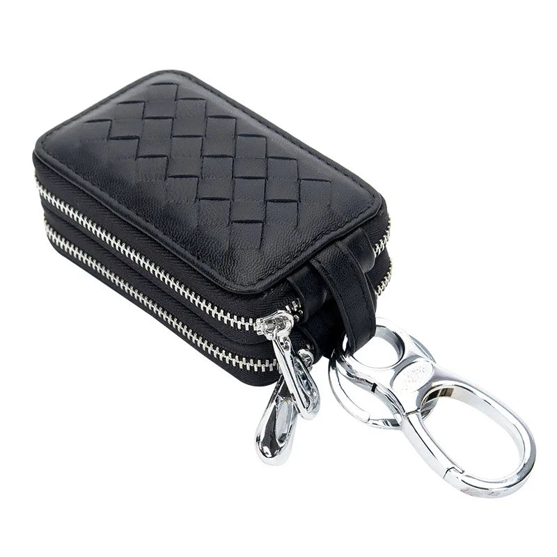 Double Zipper Leather Car Key Holder for Men Women