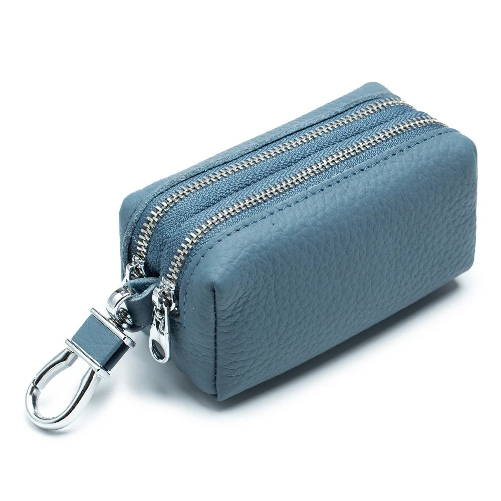 Leather Car Key Wallets Key Holder Housekeeper Keys Organizer Bag Double Zipper