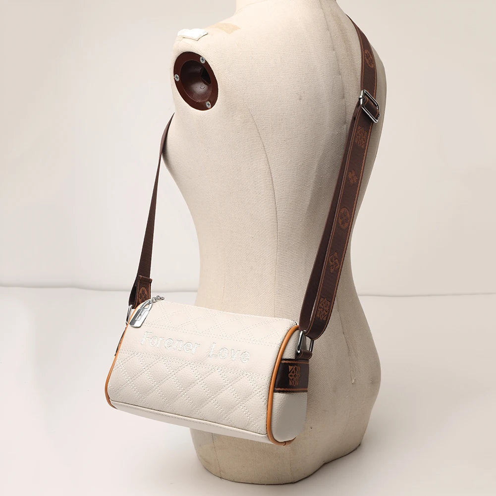 Leather Casual Crossbody Bag Barrel Shaped Evening Bags Print Wide Strap