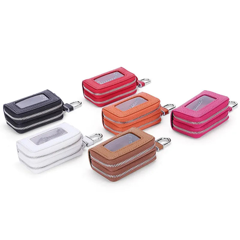 Leather Double Zipper Car Key Bag Wallet Multifunctional Organizer