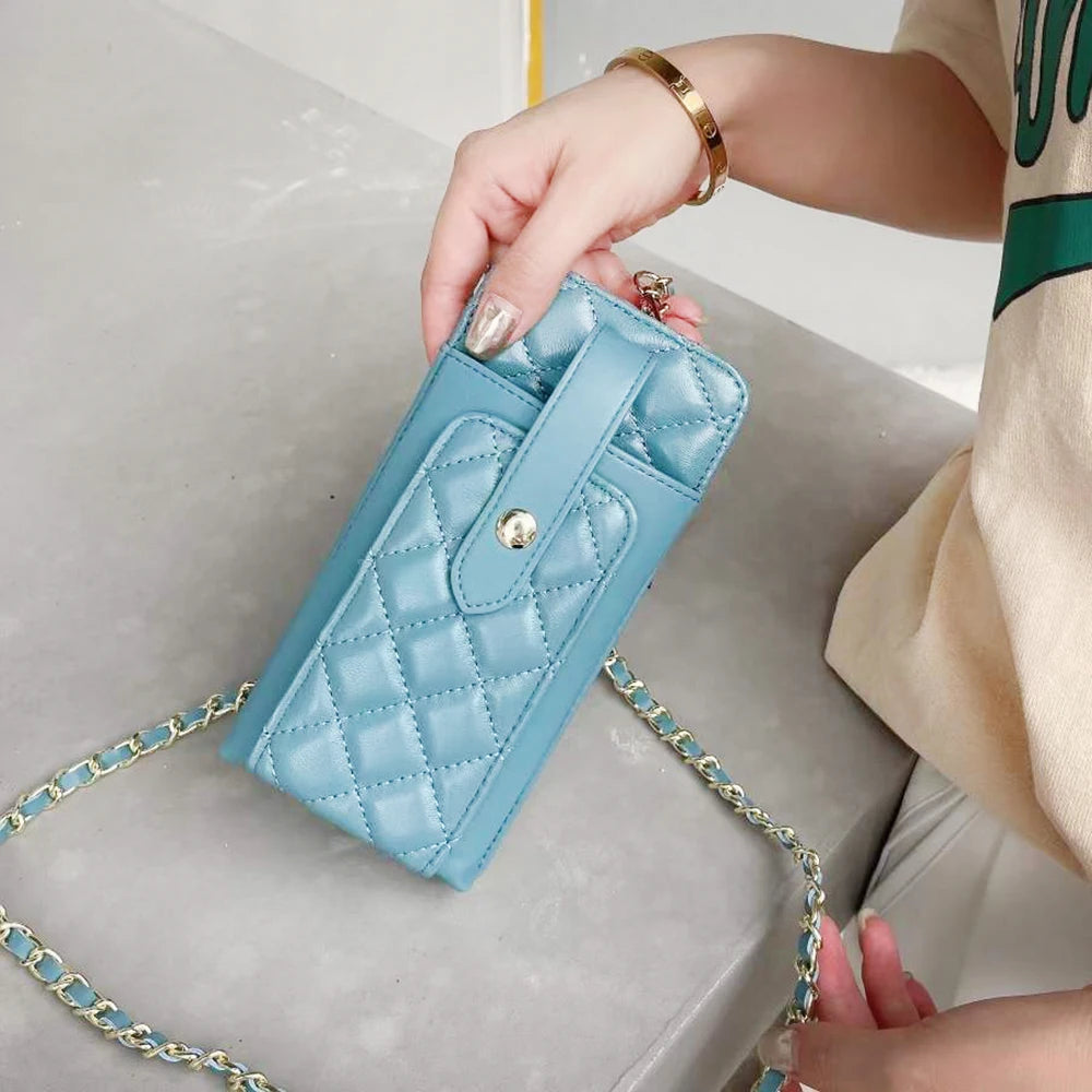Leather Phone Wallet Chain Shoulder Purse Diamond Quilit Mini Crossbody Bag