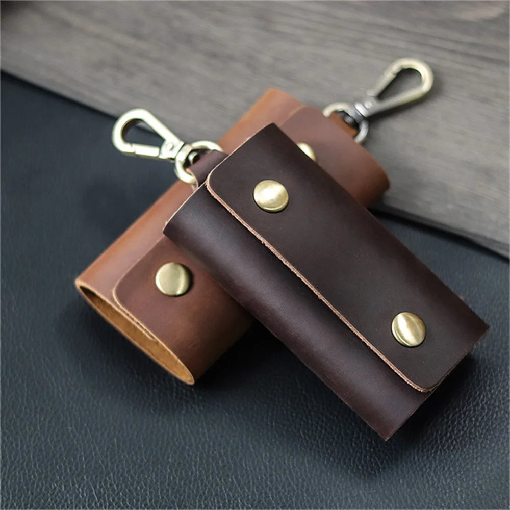 Leather Key Chain Retro Durable Key Case Crazy Horse Cowhide Storage Bag