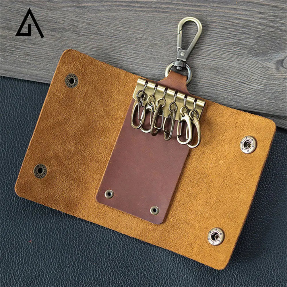 Leather Key Chain Retro Durable Key Case Crazy Horse Cowhide Storage Bag