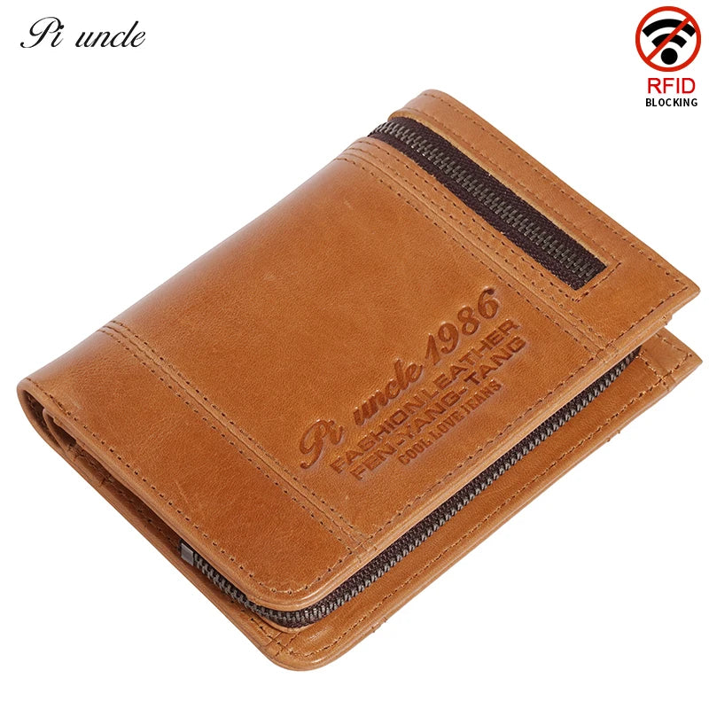 Cowhide Leather Men Short Wallets Trifold Wallet Zipper Coins Pocket