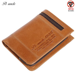 Cowhide Leather Men Short Wallets Trifold Wallet Zipper Coins Pocket