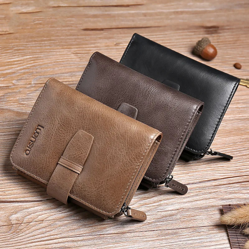Trifold Men Wallet Zip Coin Pocket Cowhide Leather
