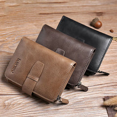 Trifold Men Wallet Zip Coin Pocket Cowhide Leather