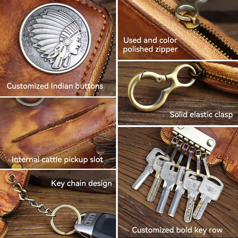 Leather Men's Key Wallet Vintage Smart Key Holder Housekeeper Key Cover Keychain