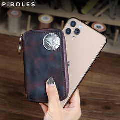 Leather Men's Key Wallet Vintage Smart Key Holder Housekeeper Key Cover Keychain