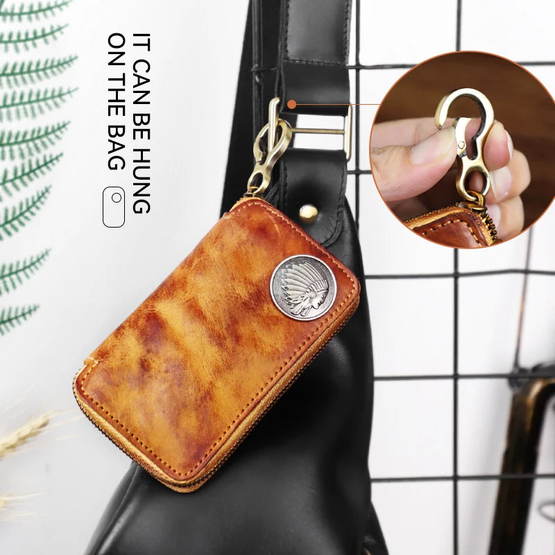 Leather Men's Key Wallet Vintage Smart Key Holder Housekeeper Key Cover Keychain