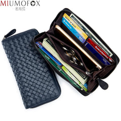 Men's Woven Leather Wallet Clutch Bag with Large Capacity