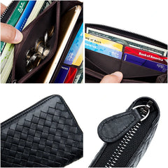 Men's Woven Leather Wallet Clutch Bag with Large Capacity